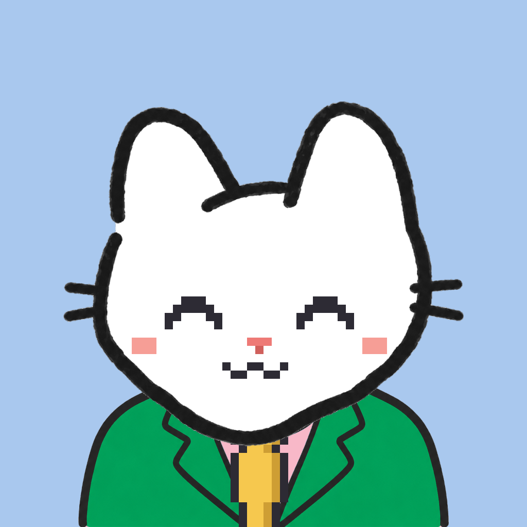 Employee #2981 — a white cat, in a green suit, with a gold tie, on sky