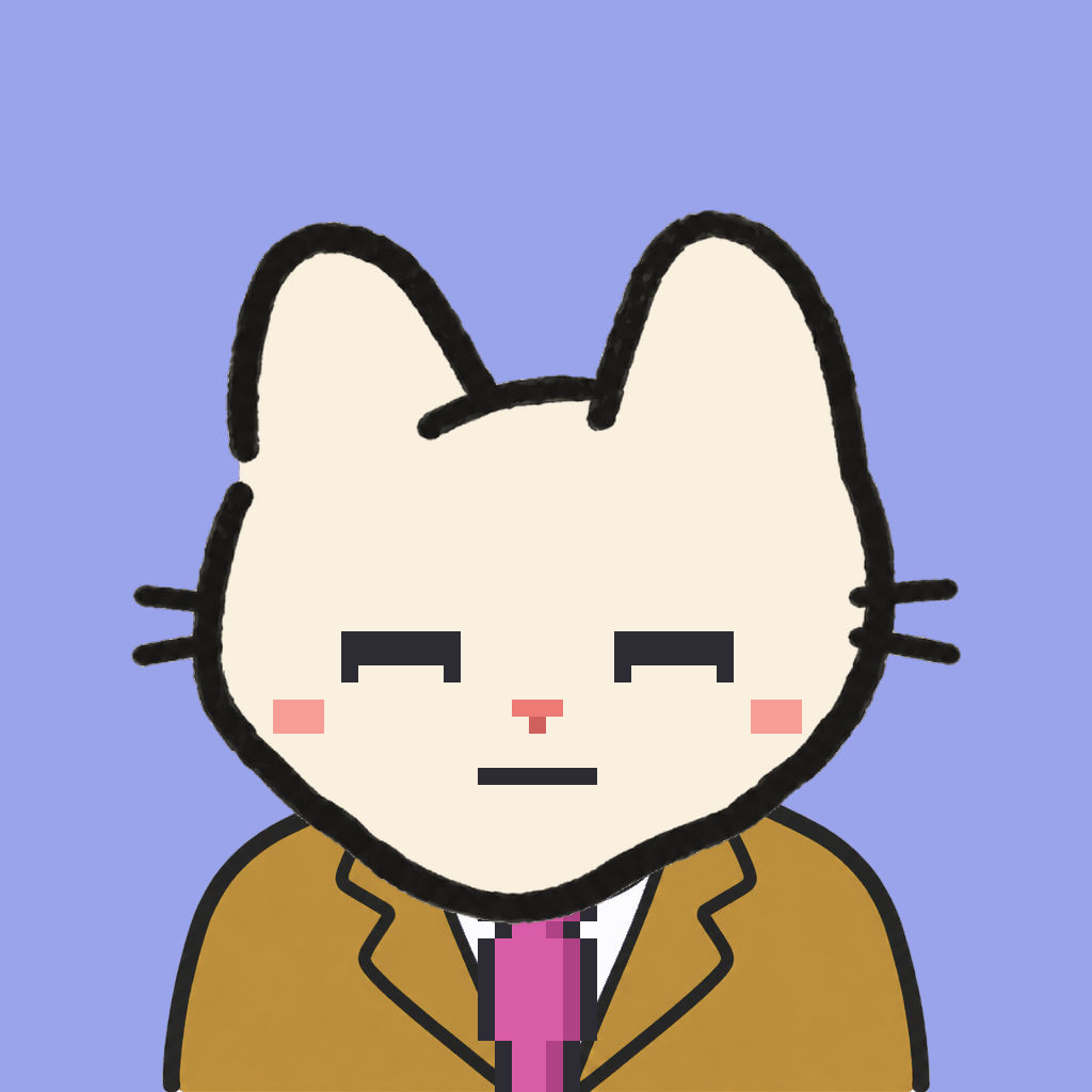 Employee #2982 — a cream cat, in a mustard suit, with a magenta tie, on periwinkle