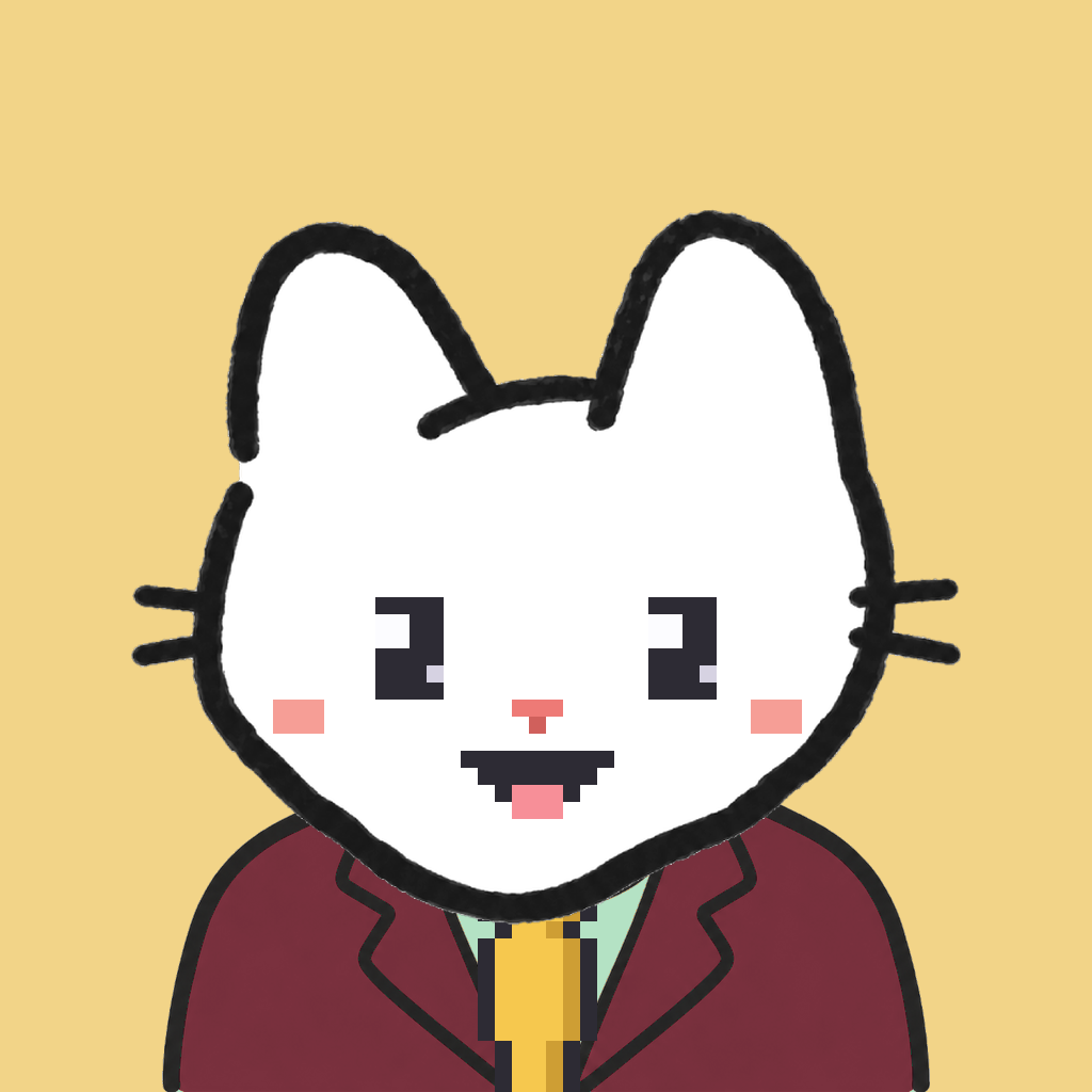 Employee #2983 — a white cat, in a burgundy suit, with a gold tie, on butter