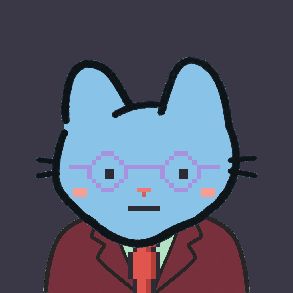 Employee #2984 — a sky cat, in a burgundy suit, with a red tie, wearing round-lavender glasses, on charcoal