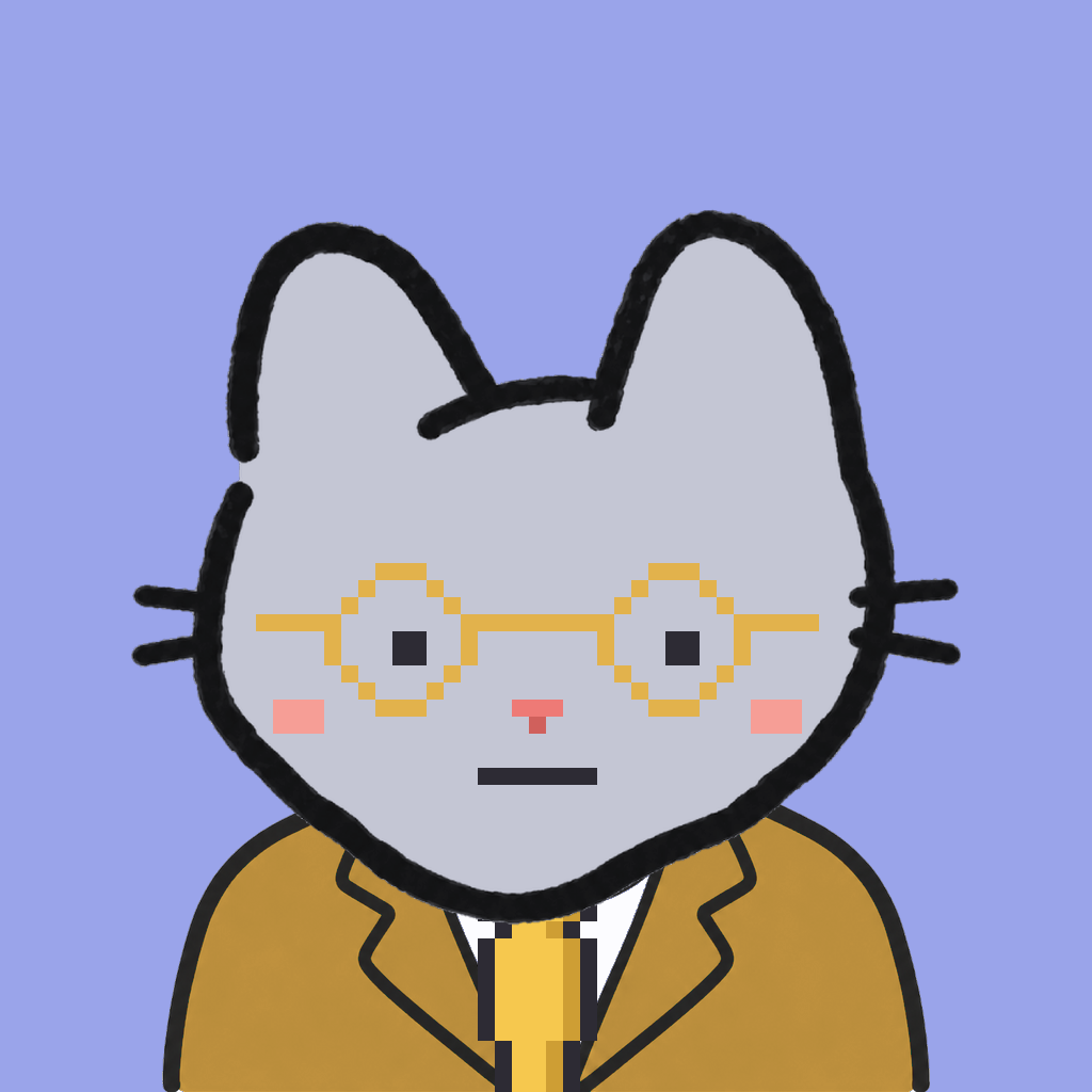 Employee #2985 — a gray cat, in a mustard suit, with a gold tie, wearing round-gold glasses, on periwinkle