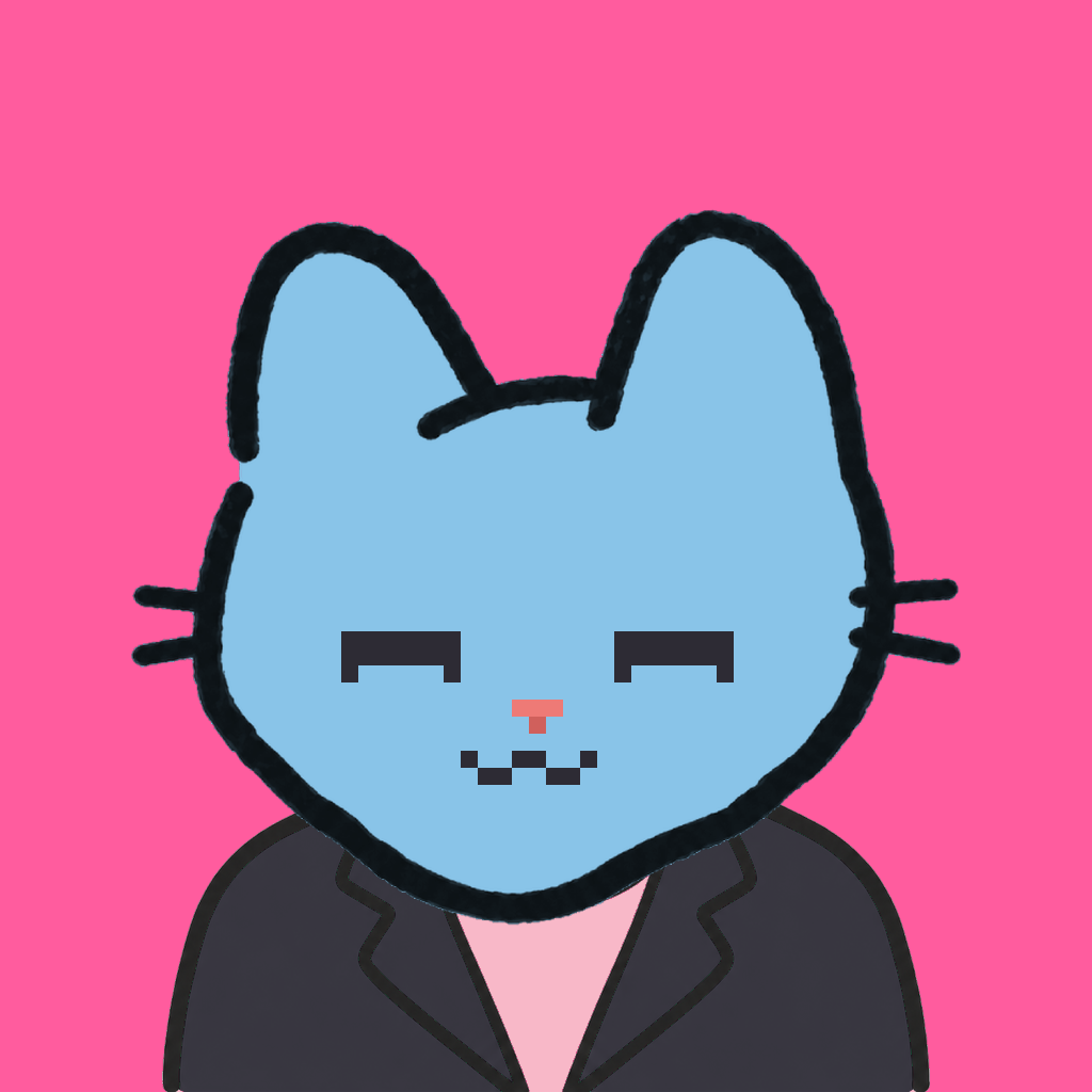 Employee #2986 — a sky cat, in a black suit, on hot pink