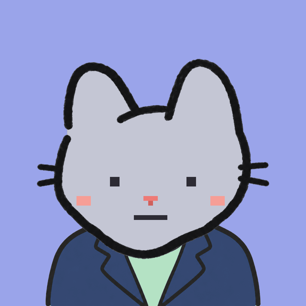 Employee #2987 — a gray cat, in a navy suit, on periwinkle