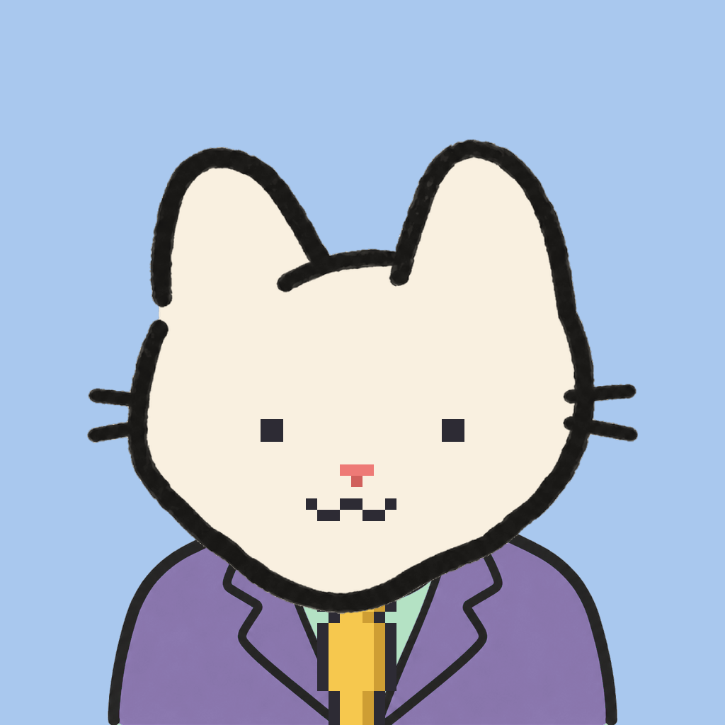 Employee #2988 — a cream cat, in a lavender suit, with a gold tie, on sky