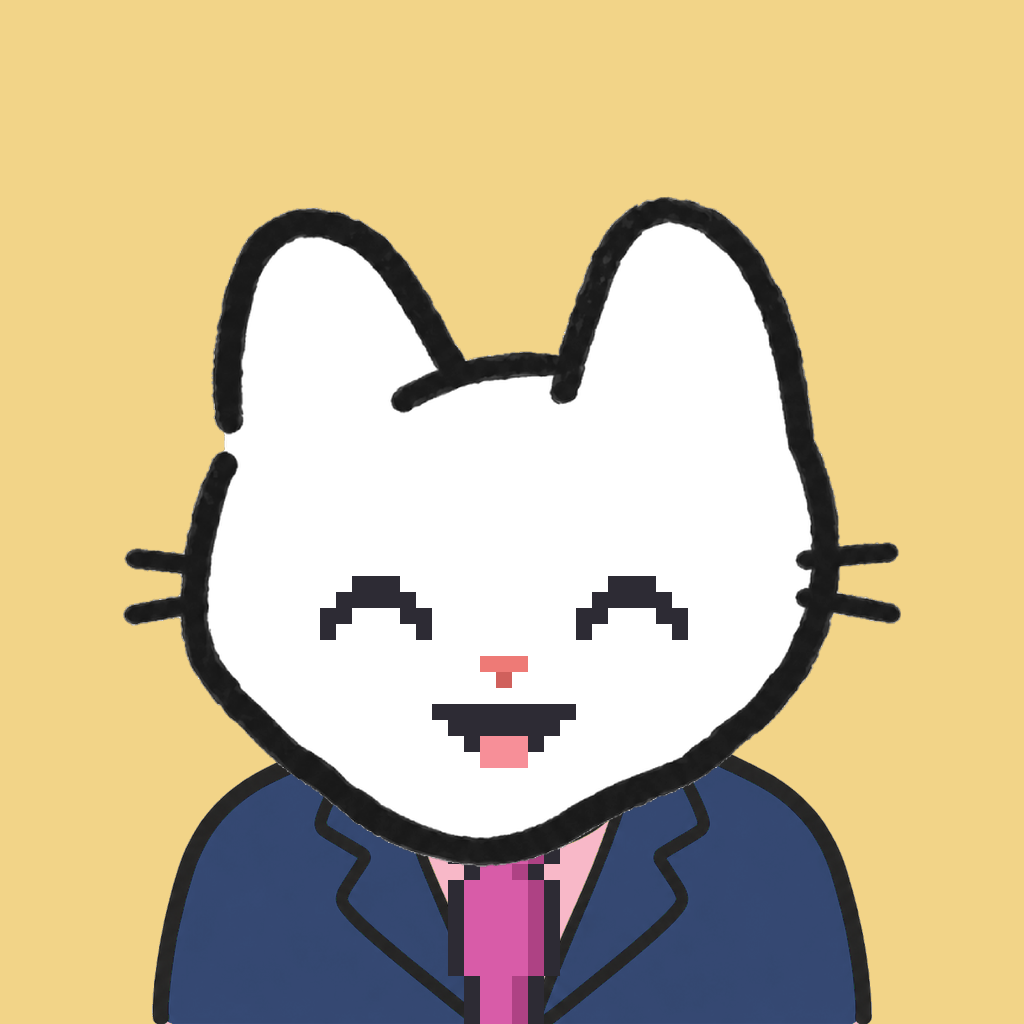 Employee #2989 — a white cat, in a navy suit, with a magenta tie, on butter