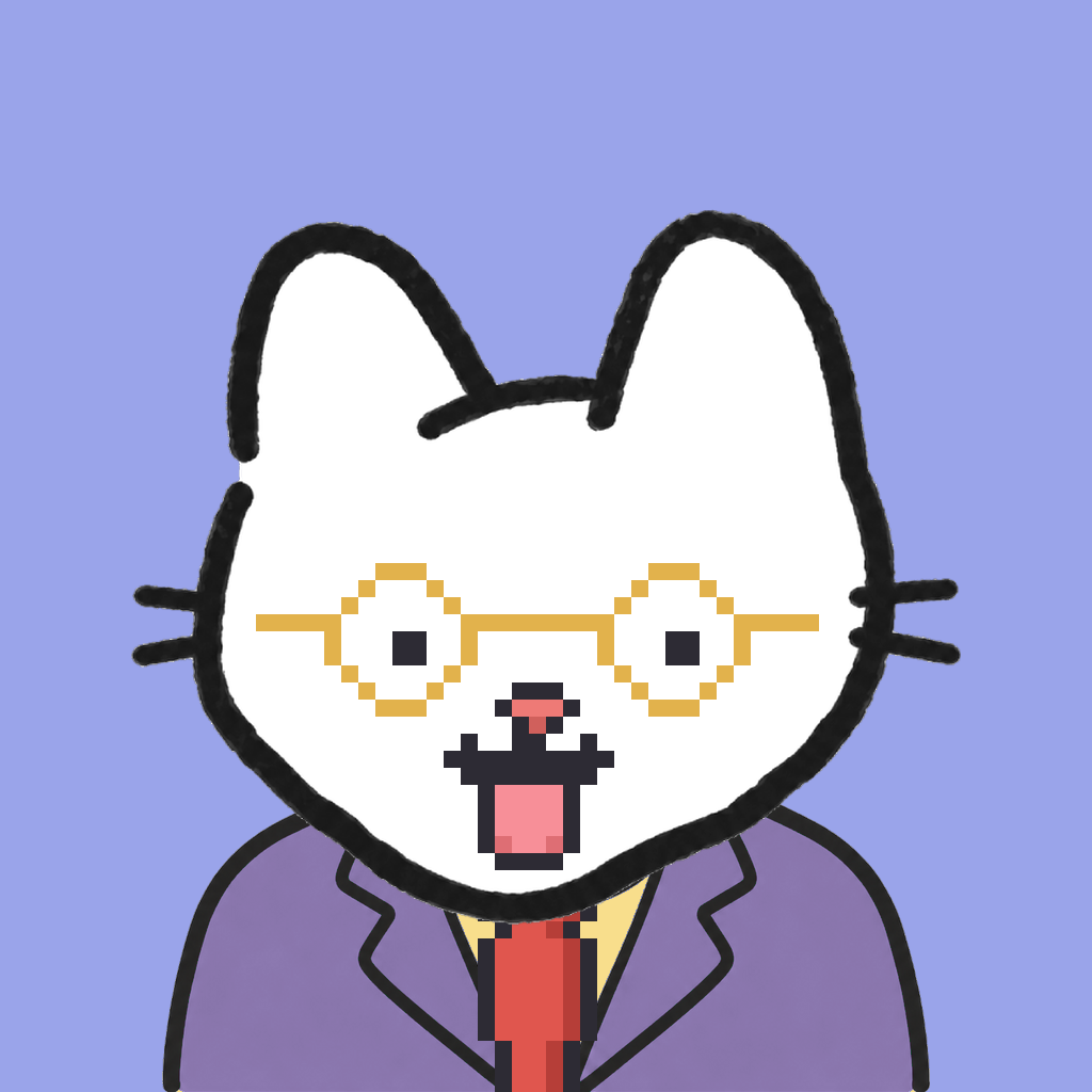 Employee #0299 — a white cat, in a lavender suit, with a red tie, wearing round-gold glasses, on periwinkle