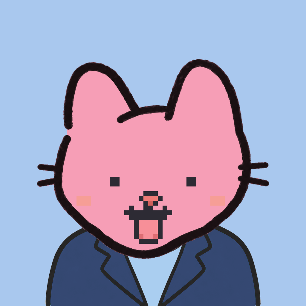 Employee #2990 — a pink cat, in a navy suit, on sky