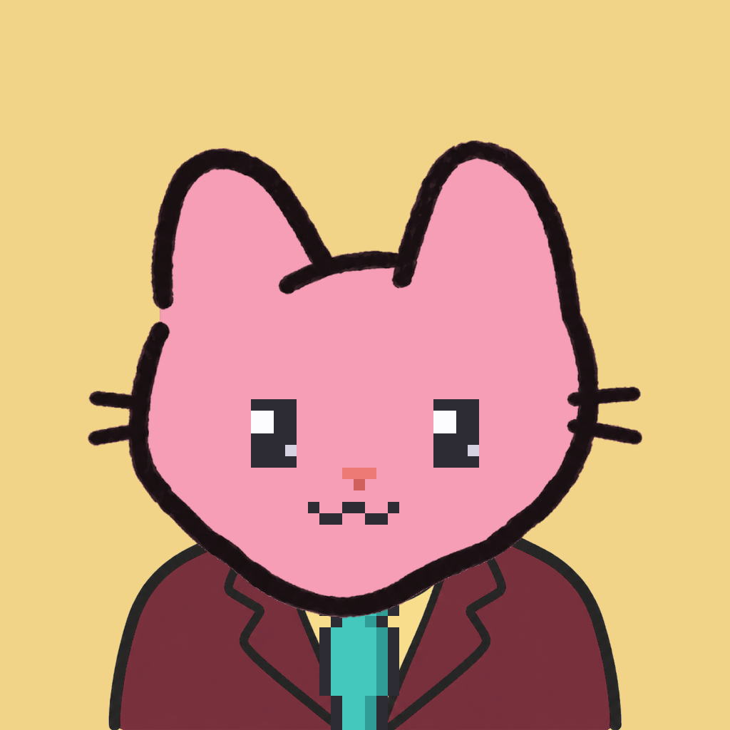 Employee #2991 — a pink cat, in a burgundy suit, with a teal tie, on butter