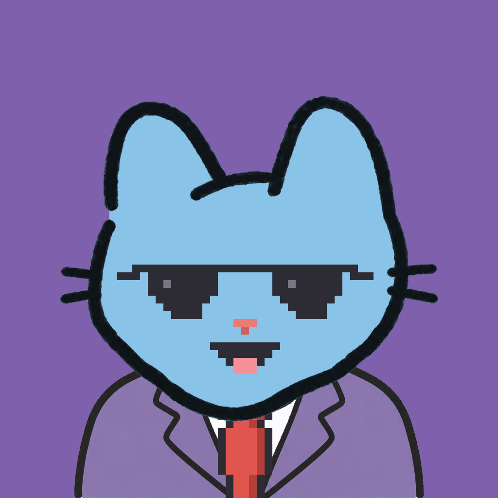 Employee #2992 — a sky cat, in a lavender suit, with a red tie, wearing shades glasses, on plasma violet