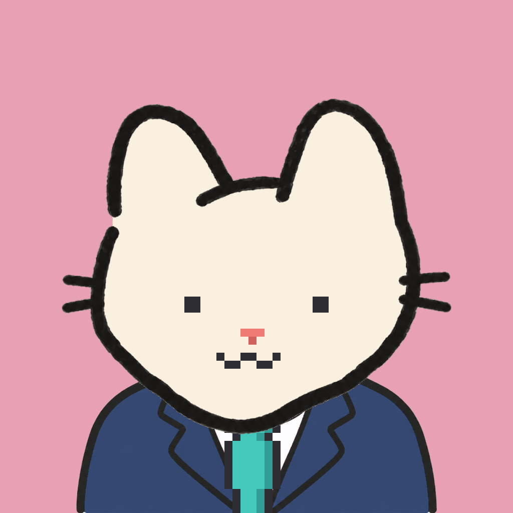 Employee #2993 — a cream cat, in a navy suit, with a teal tie, on rose