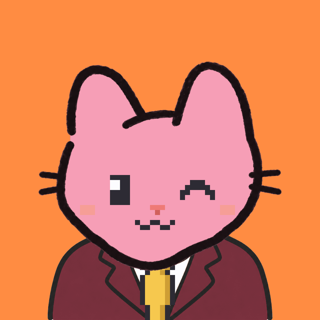 Employee #2994 — a pink cat, in a burgundy suit, with a gold tie, on tangerine