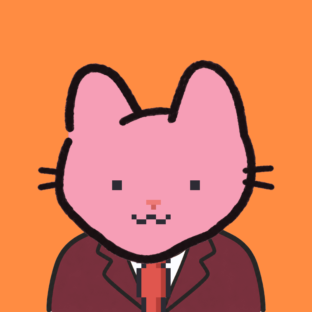 Employee #2995 — a pink cat, in a burgundy suit, with a red tie, on tangerine