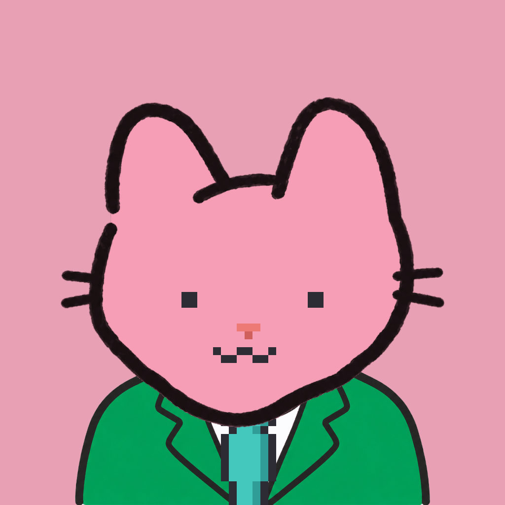 Employee #2996 — a pink cat, in a green suit, with a teal tie, on rose