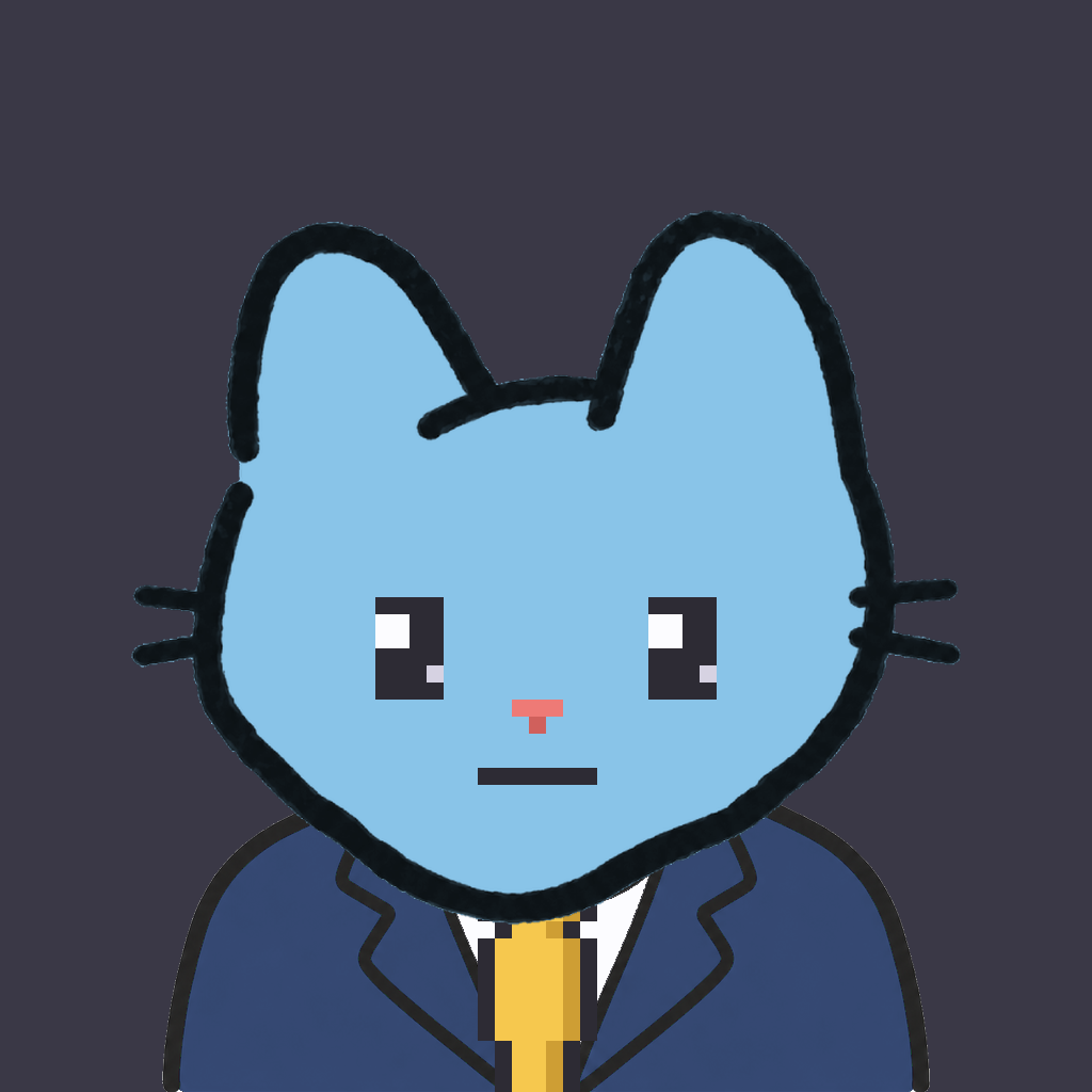 Employee #2997 — a sky cat, in a navy suit, with a gold tie, on charcoal