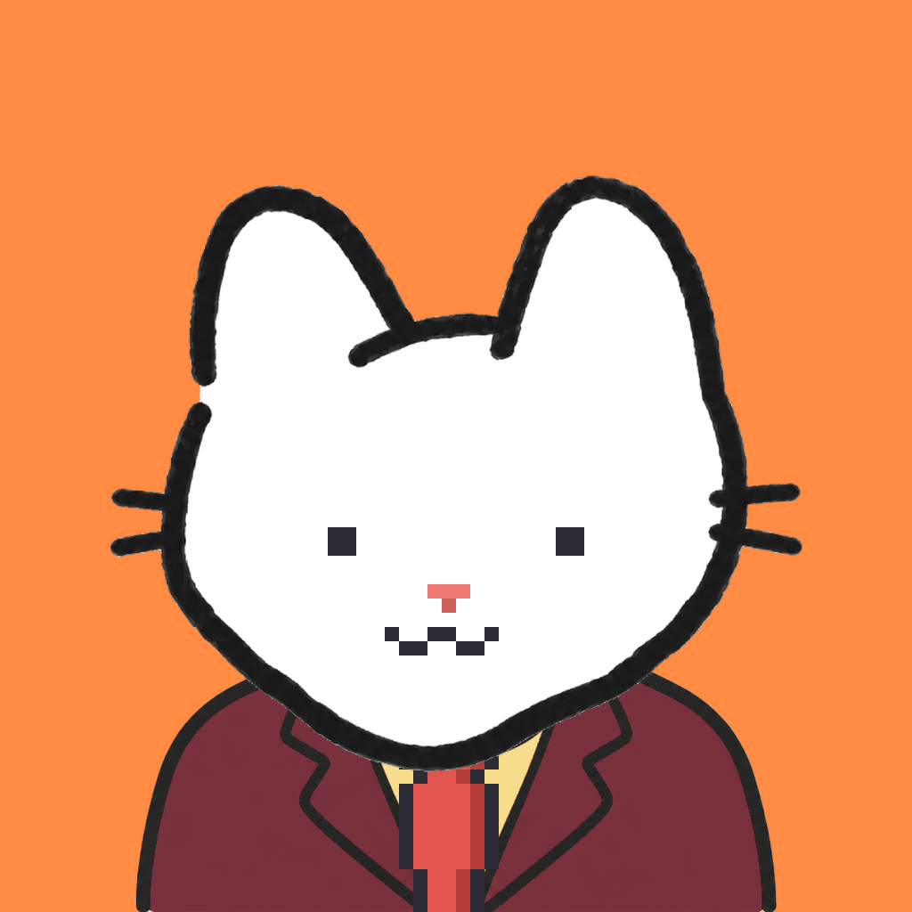 Employee #2998 — a white cat, in a burgundy suit, with a red tie, on tangerine