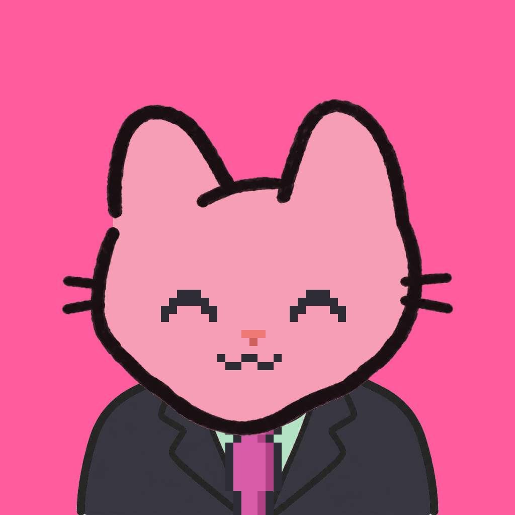Employee #2999 — a pink cat, in a black suit, with a magenta tie, on hot pink