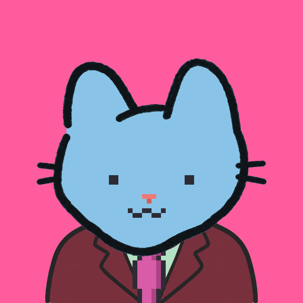 Employee #0003 — a sky cat, in a burgundy suit, with a magenta tie, on hot pink
