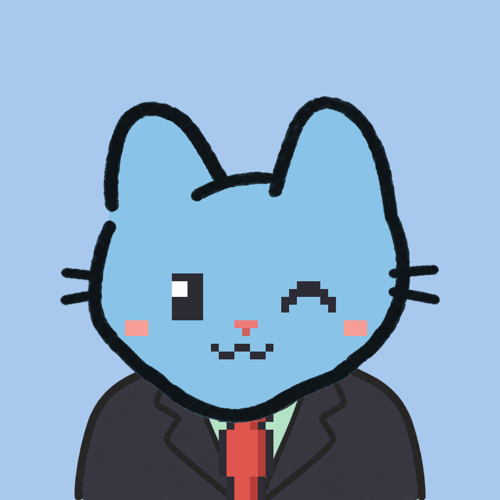 Employee #0030 — a sky cat, in a black suit, with a red tie, on sky