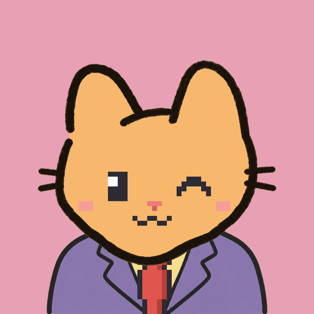 Employee #0300 — a tabby cat, in a lavender suit, with a red tie, on rose