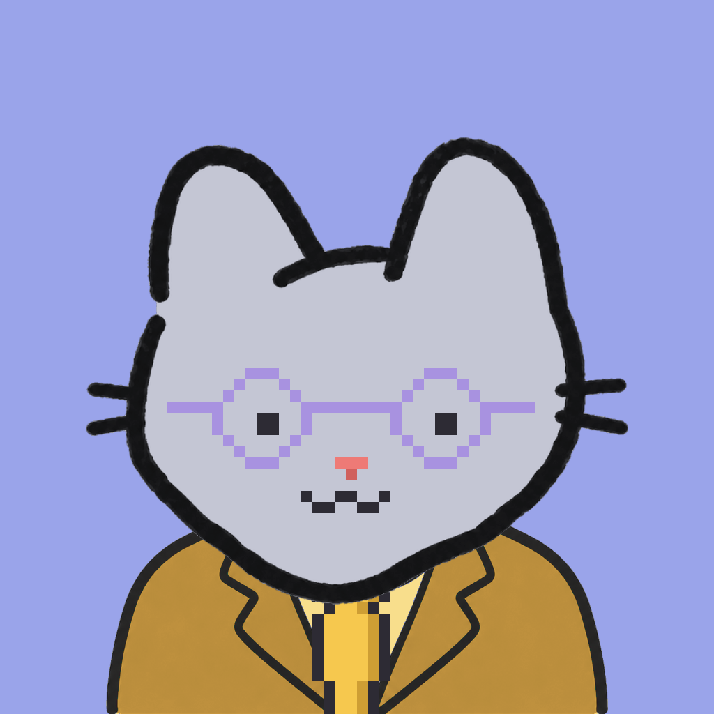 Employee #3000 — a gray cat, in a mustard suit, with a gold tie, wearing round-lavender glasses, on periwinkle