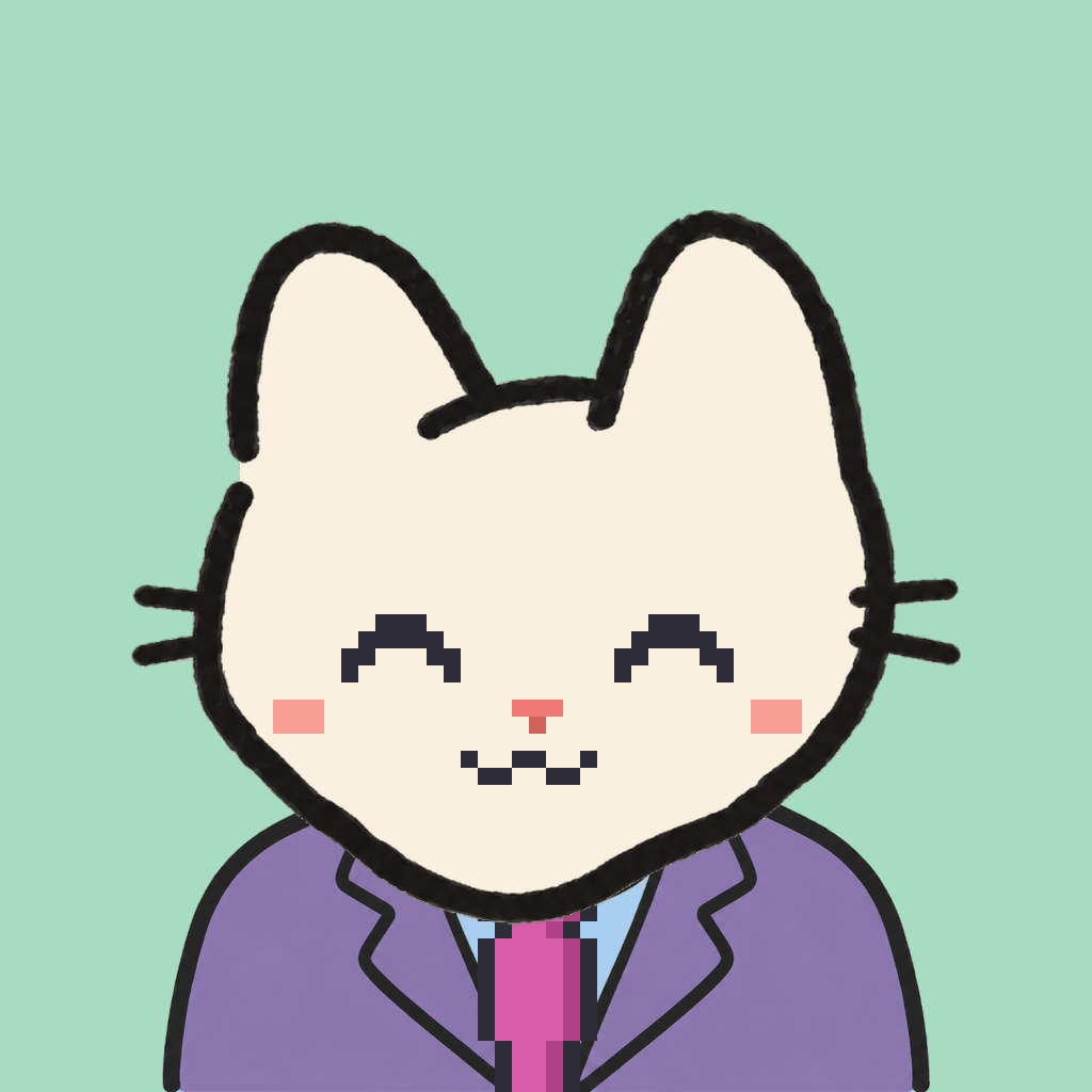 Employee #3002 — a cream cat, in a lavender suit, with a magenta tie, on mint