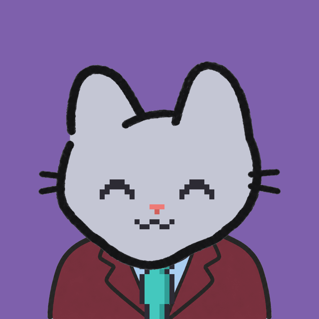 Employee #3003 — a gray cat, in a burgundy suit, with a teal tie, on plasma violet