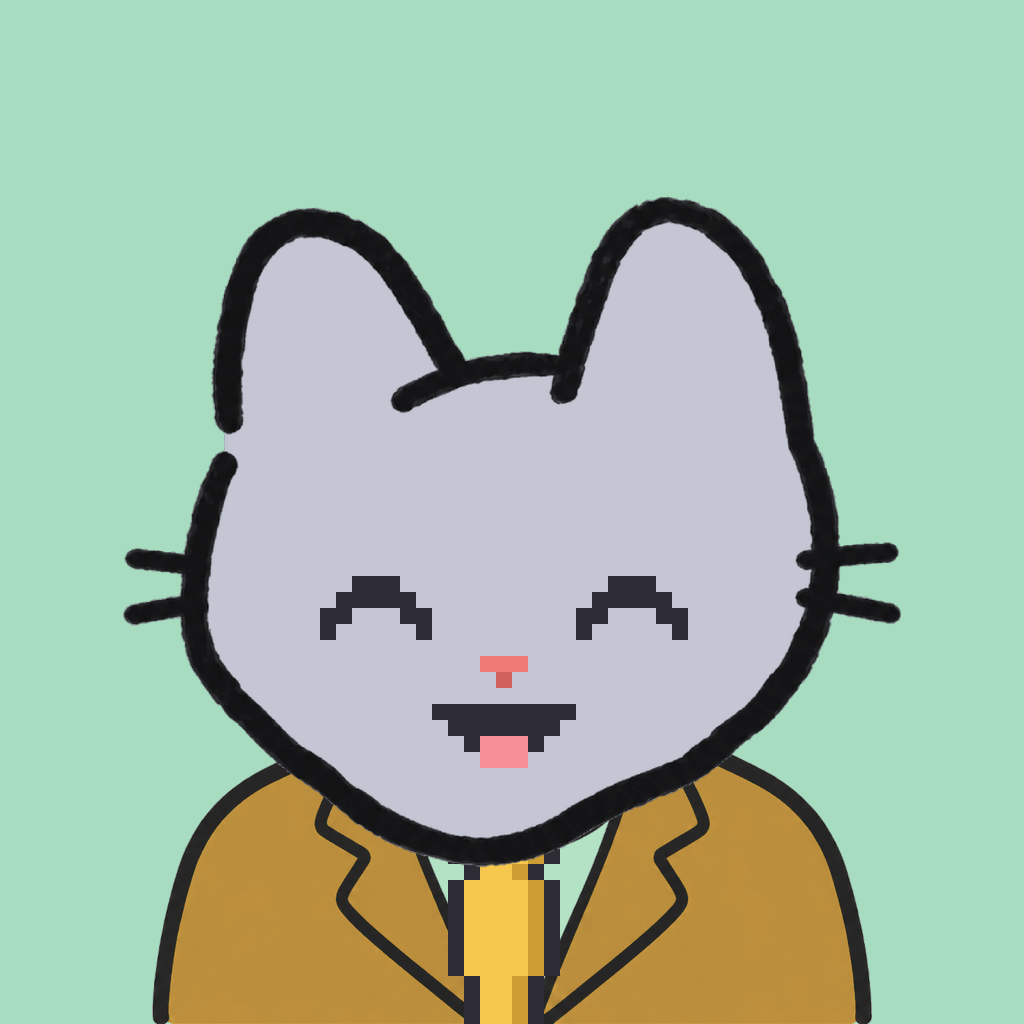 Employee #3004 — a gray cat, in a mustard suit, with a gold tie, on mint