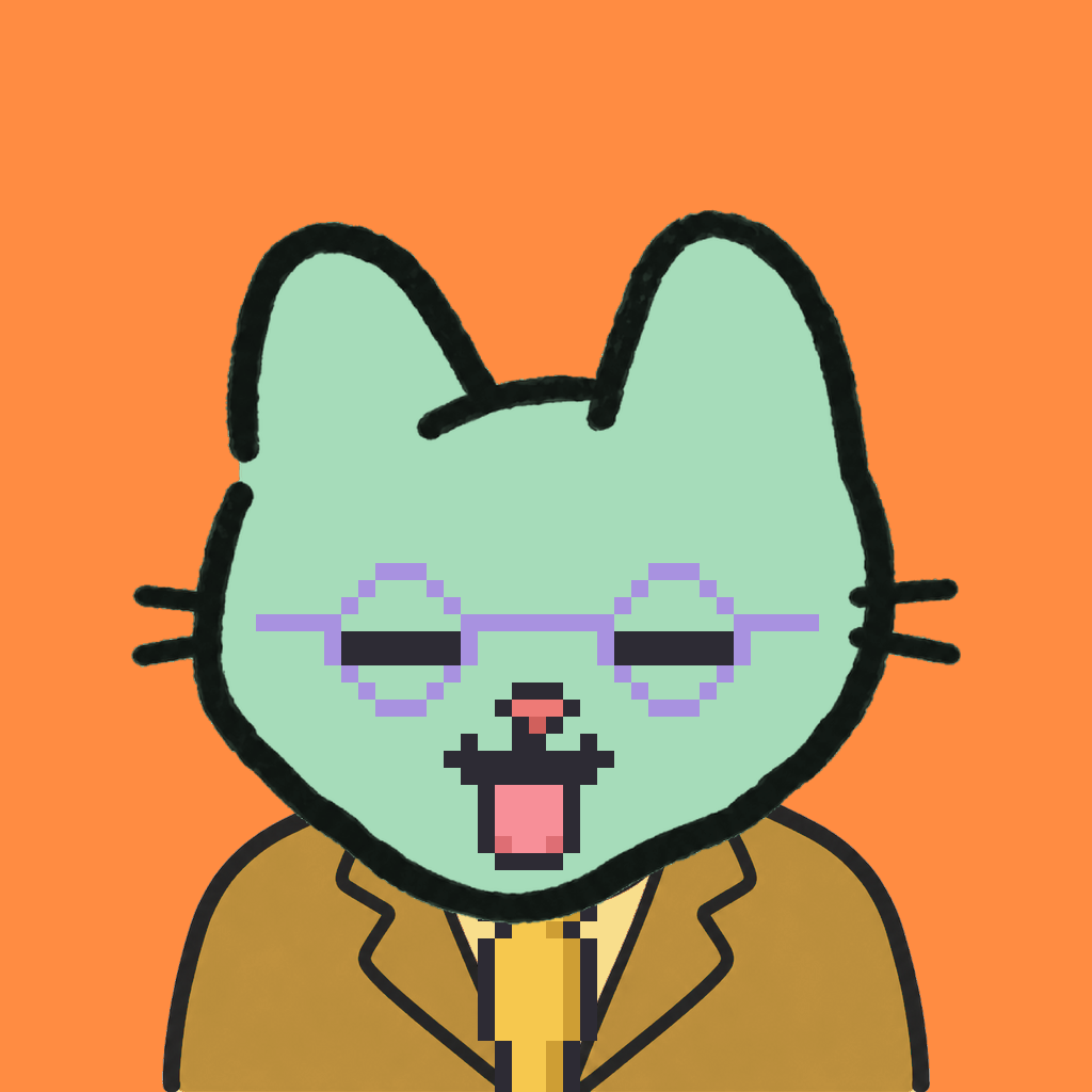 Employee #3005 — a mint cat, in a mustard suit, with a gold tie, wearing round-lavender glasses, on tangerine