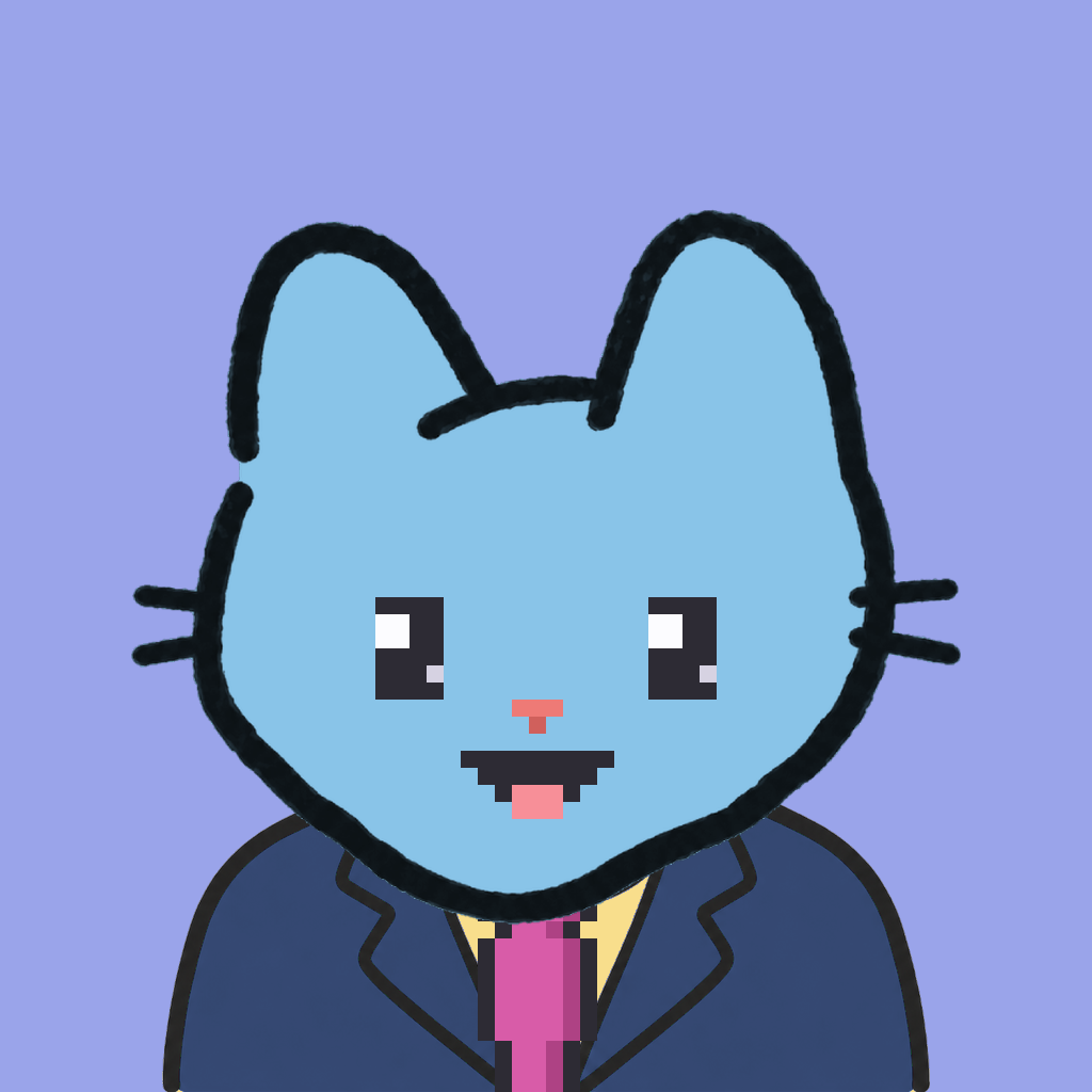 Employee #3006 — a sky cat, in a navy suit, with a magenta tie, on periwinkle