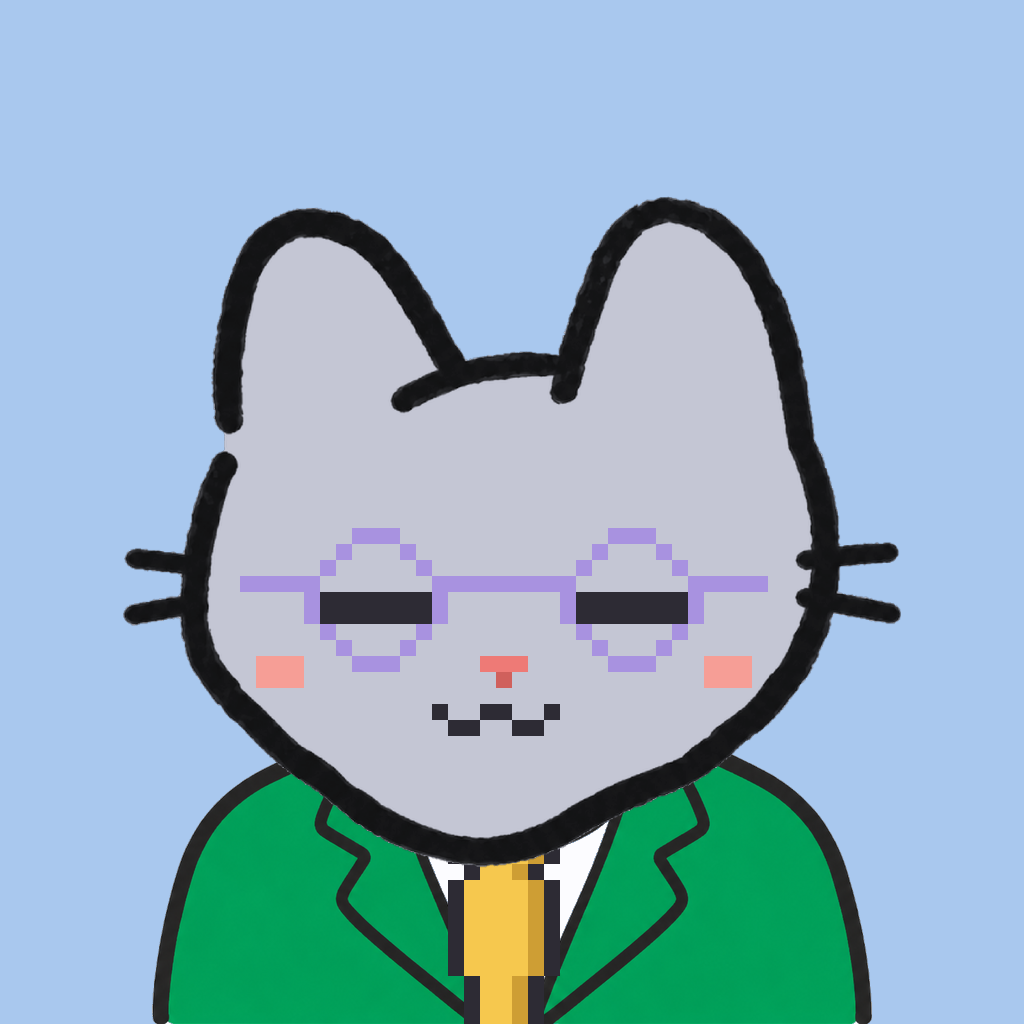 Employee #3007 — a gray cat, in a green suit, with a gold tie, wearing round-lavender glasses, on sky