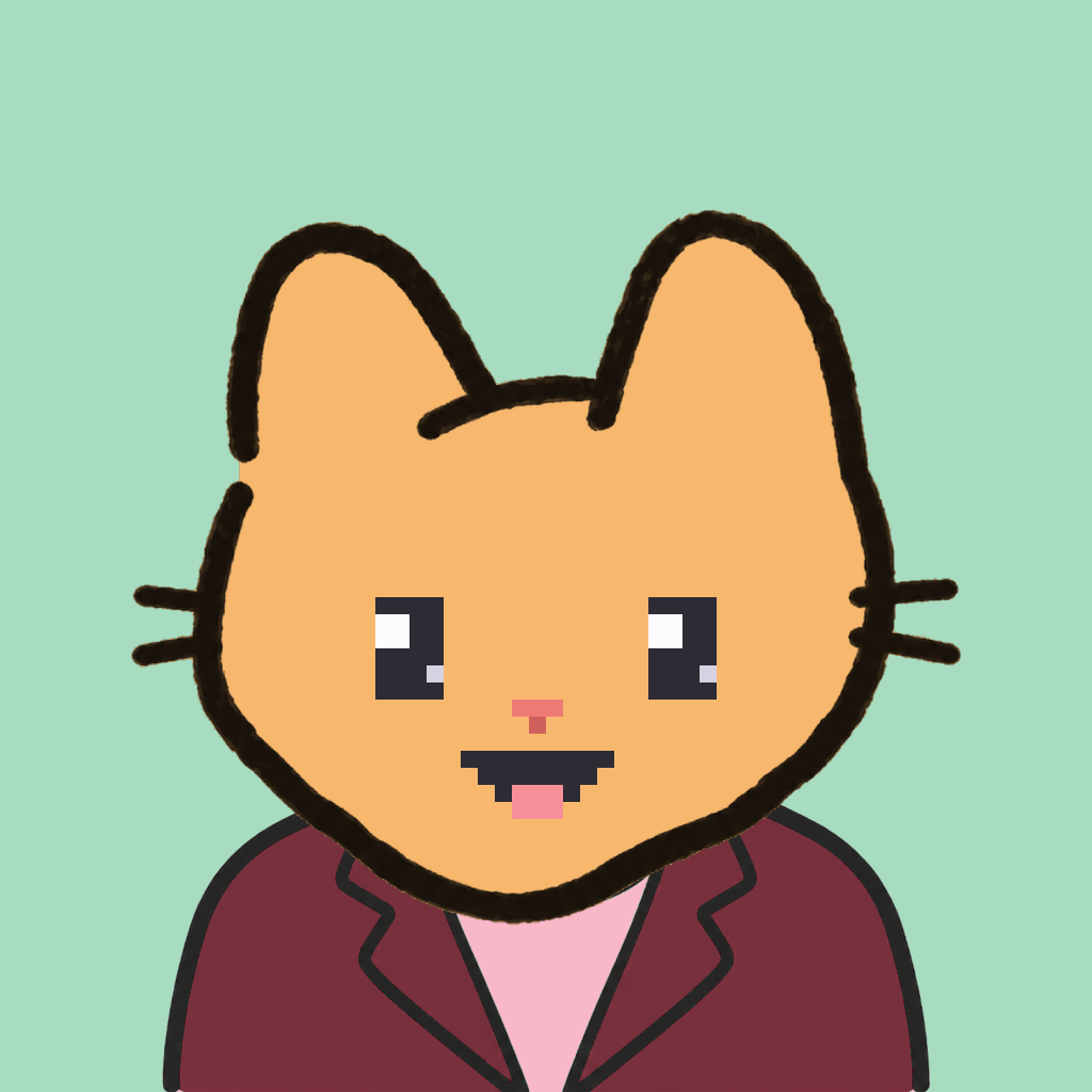 Employee #3008 — a tabby cat, in a burgundy suit, on mint