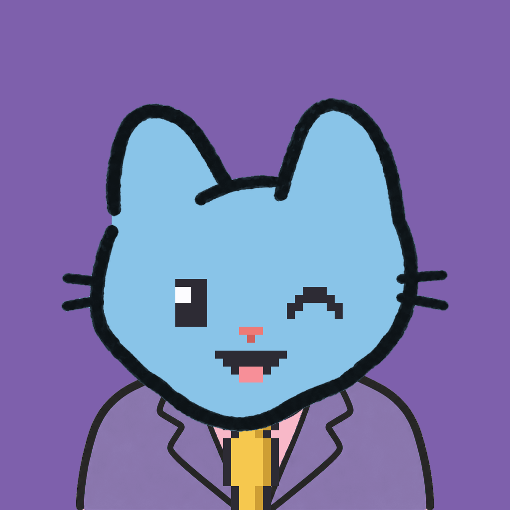 Employee #3009 — a sky cat, in a lavender suit, with a gold tie, on plasma violet