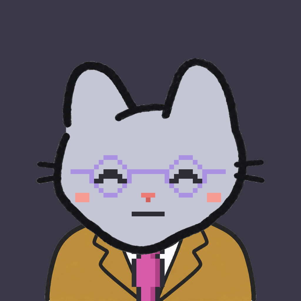 Employee #0301 — a gray cat, in a mustard suit, with a magenta tie, wearing round-lavender glasses, on charcoal