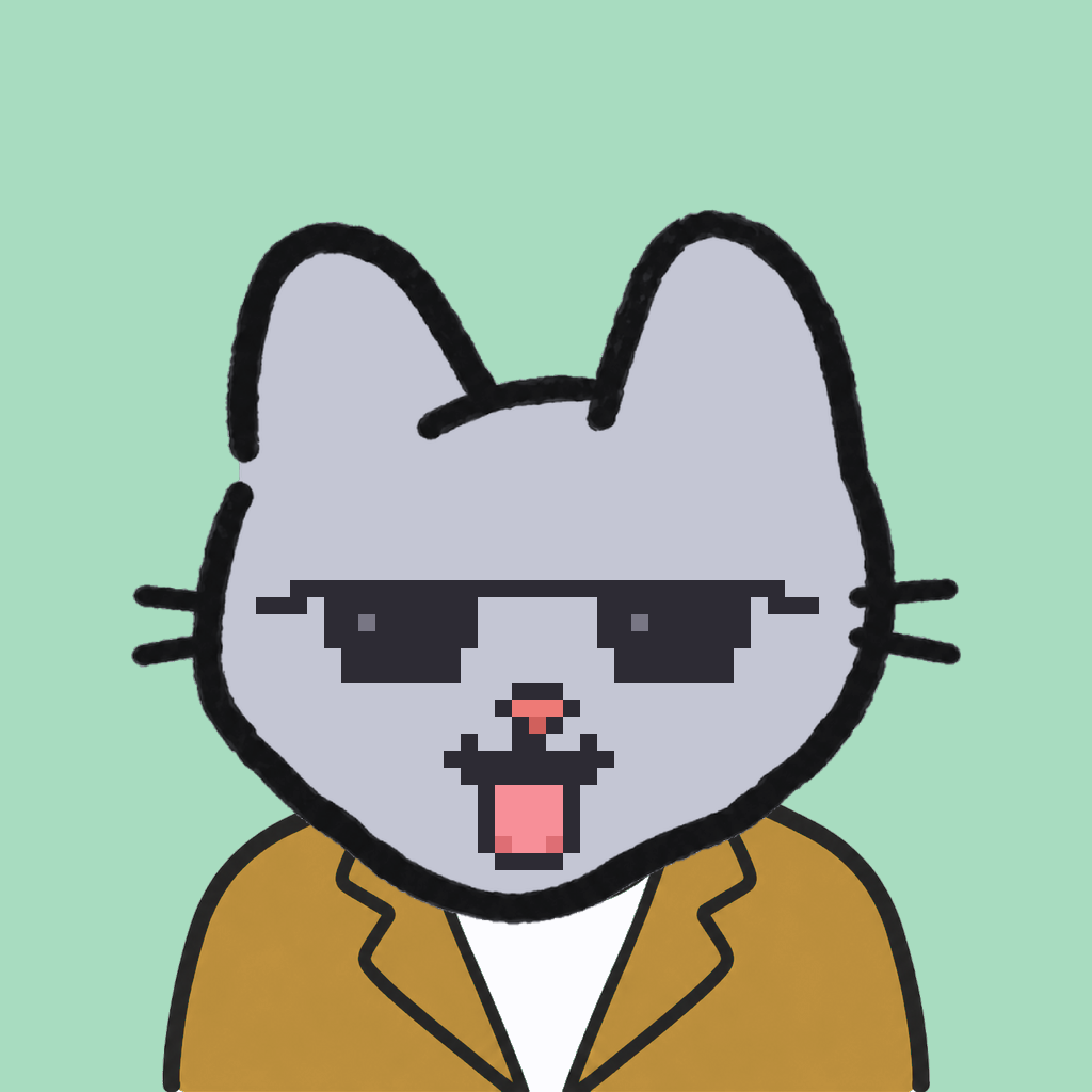 Employee #3010 — a gray cat, in a mustard suit, wearing shades glasses, on mint