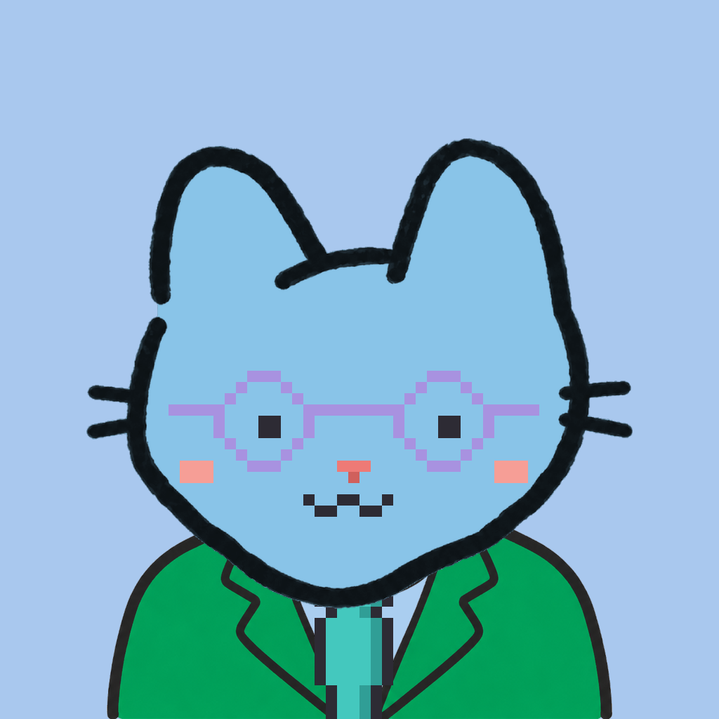 Employee #3011 — a sky cat, in a green suit, with a teal tie, wearing round-lavender glasses, on sky