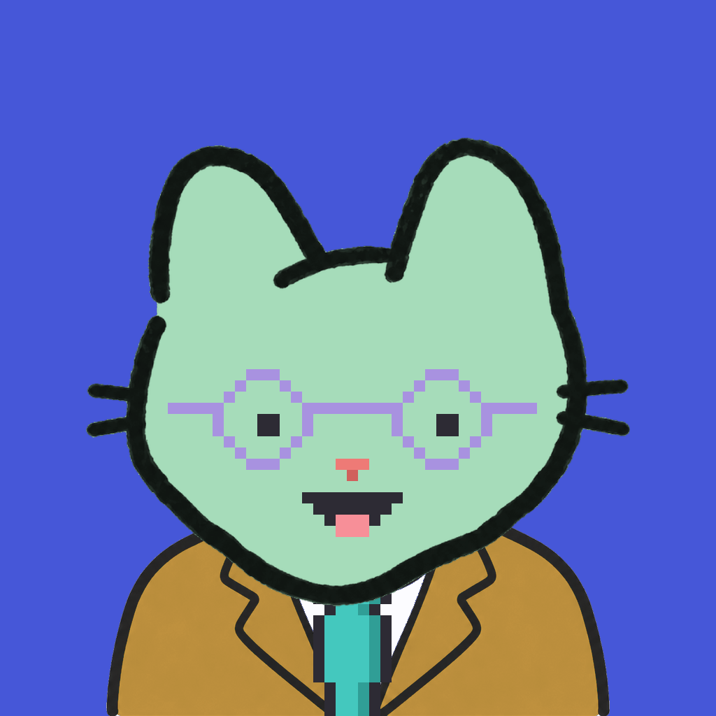 Employee #3012 — a mint cat, in a mustard suit, with a teal tie, wearing round-lavender glasses, on royal