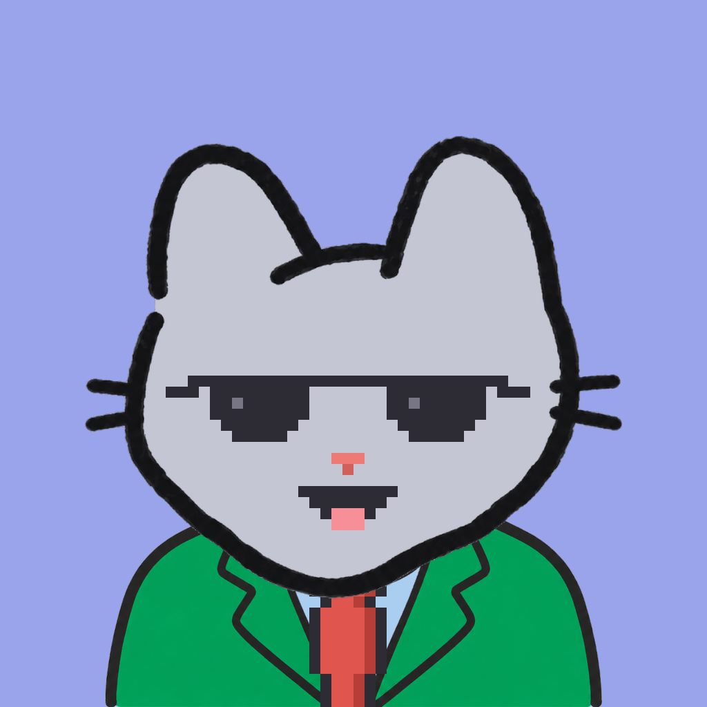 Employee #3013 — a gray cat, in a green suit, with a red tie, wearing shades glasses, on periwinkle