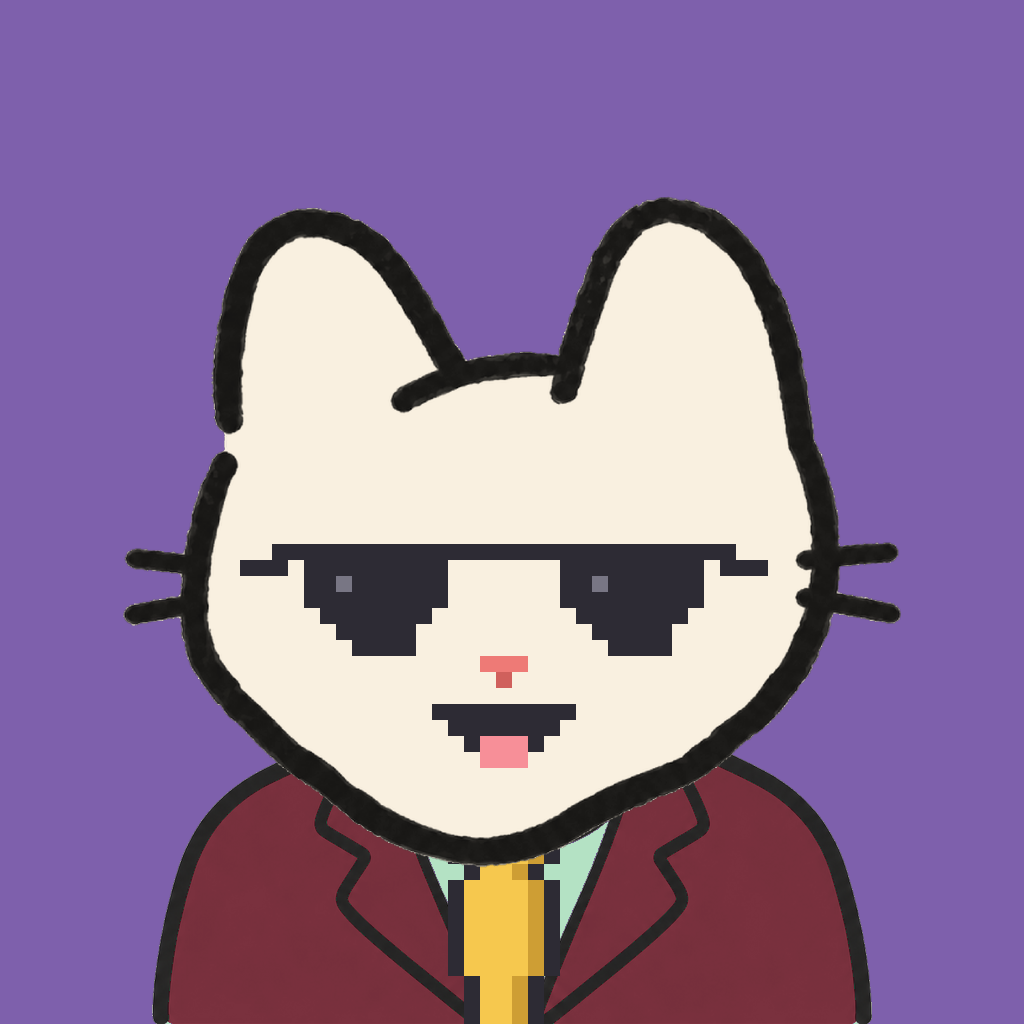 Employee #3015 — a cream cat, in a burgundy suit, with a gold tie, wearing shades glasses, on plasma violet