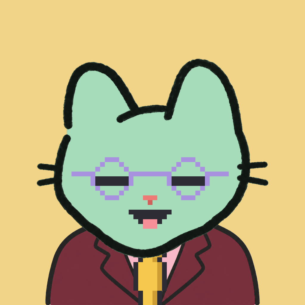 Employee #3016 — a mint cat, in a burgundy suit, with a gold tie, wearing round-lavender glasses, on butter