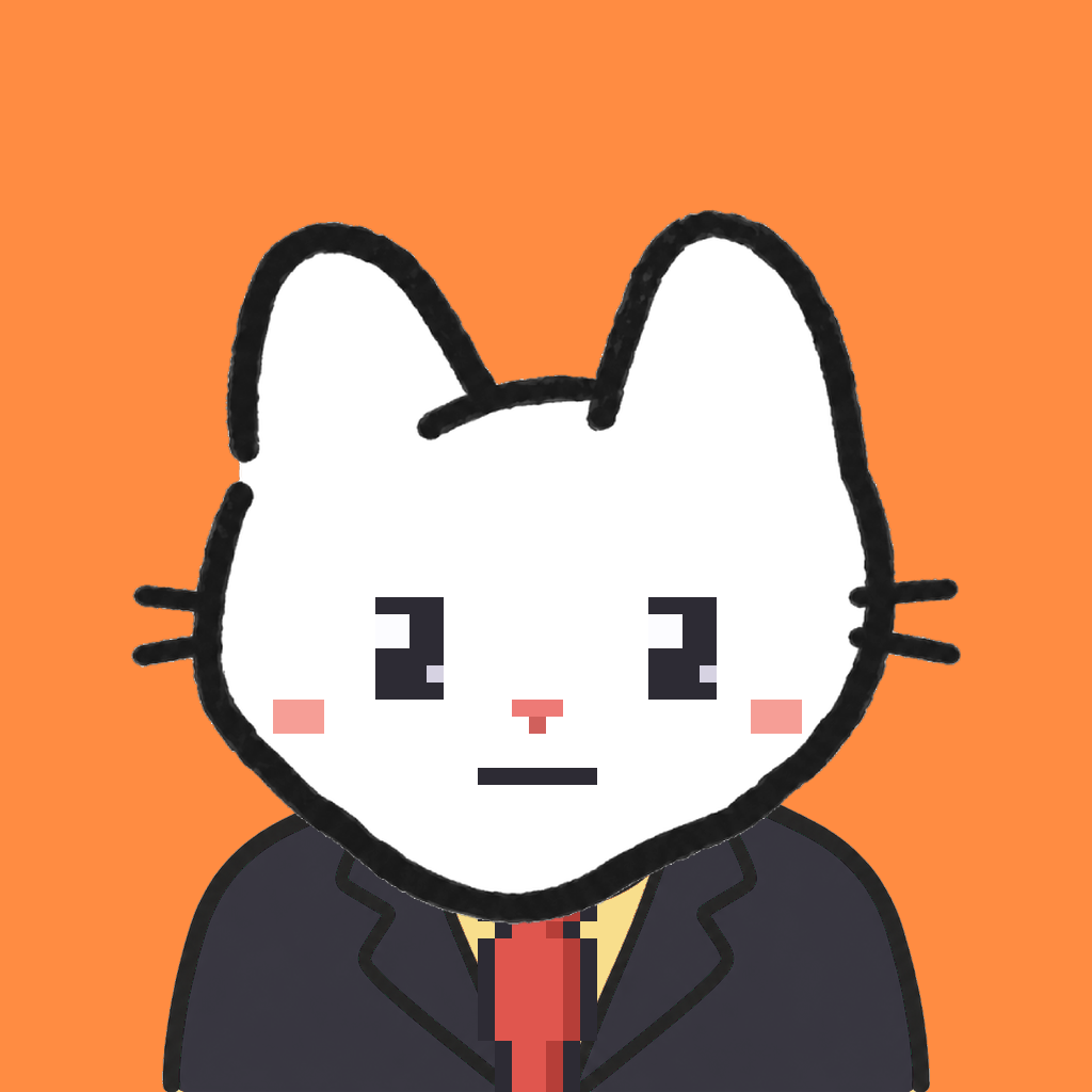 Employee #3017 — a white cat, in a black suit, with a red tie, on tangerine
