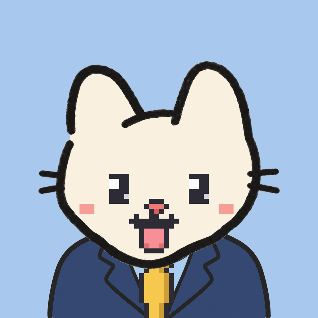 Employee #3018 — a cream cat, in a navy suit, with a gold tie, on sky