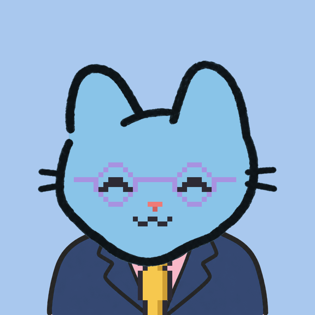 Employee #3019 — a sky cat, in a navy suit, with a gold tie, wearing round-lavender glasses, on sky