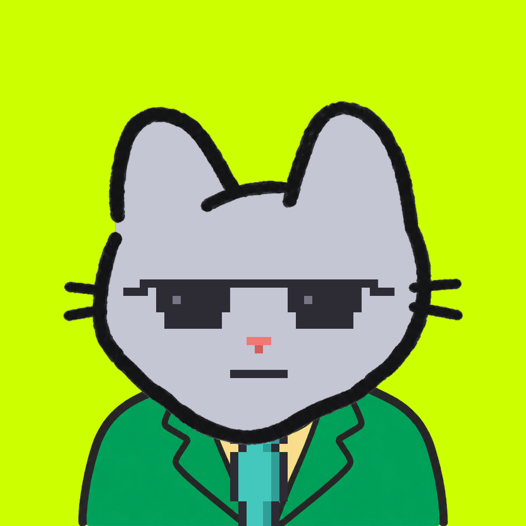 Employee #0302 — a gray cat, in a green suit, with a teal tie, wearing shades glasses, on volt