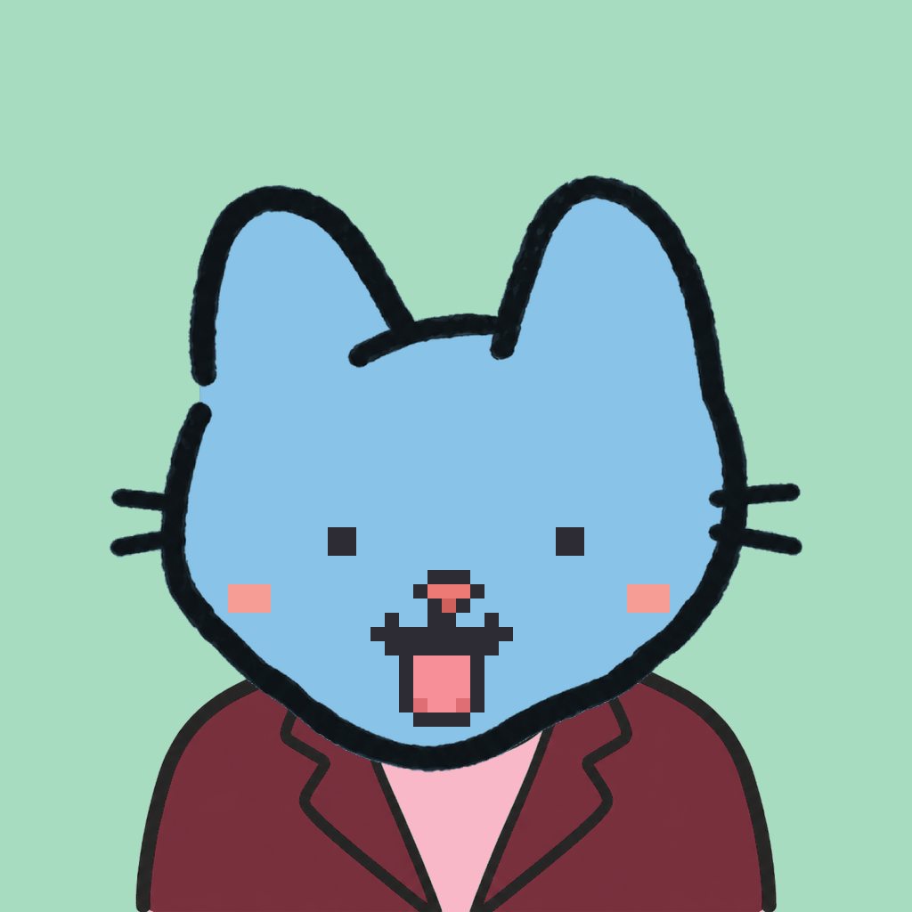 Employee #3020 — a sky cat, in a burgundy suit, on mint
