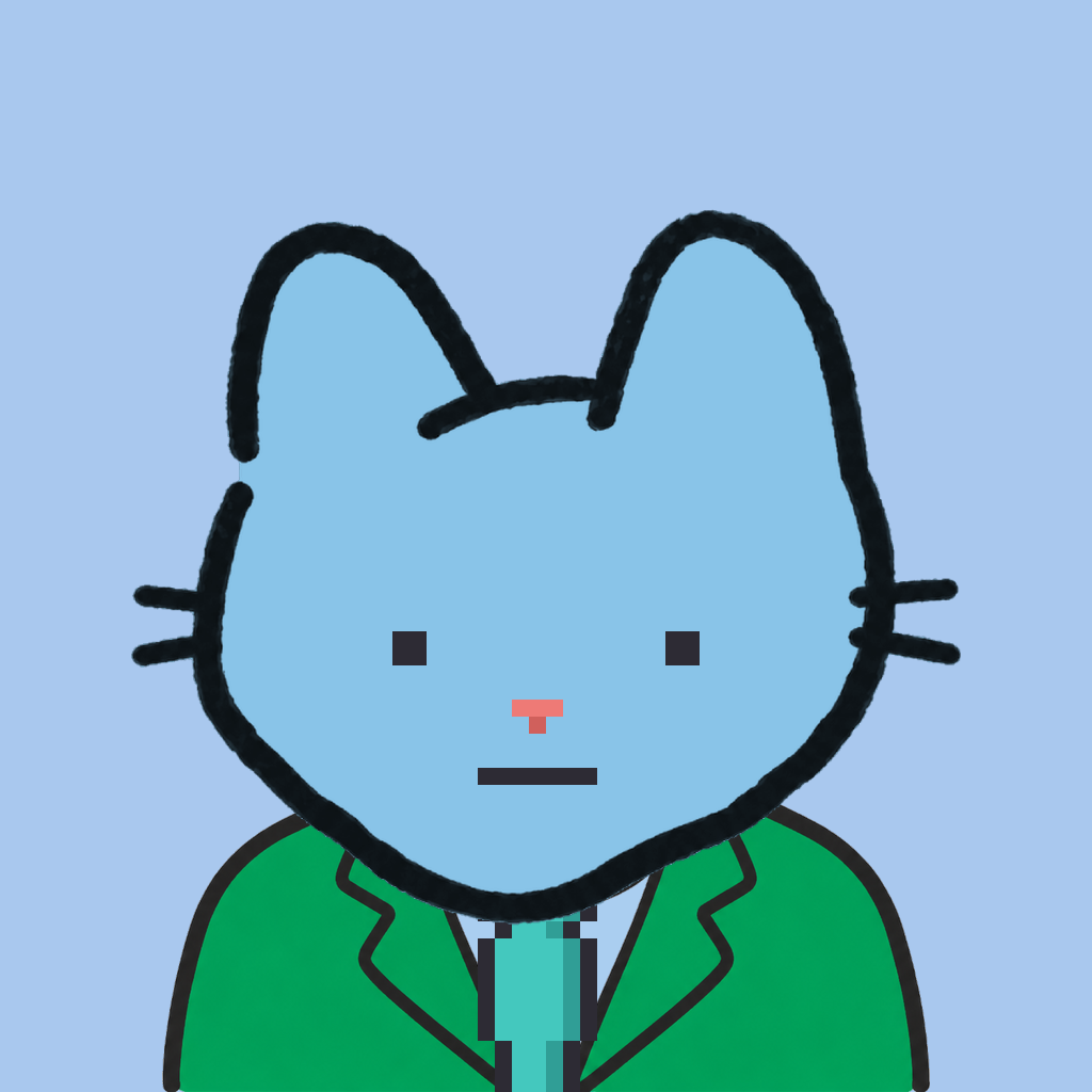Employee #3021 — a sky cat, in a green suit, with a teal tie, on sky