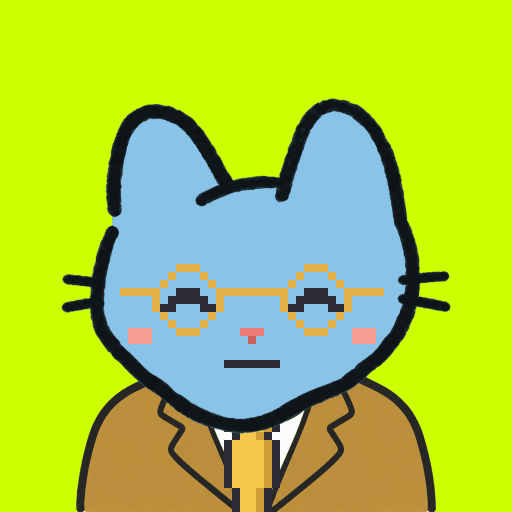 Employee #3022 — a sky cat, in a mustard suit, with a gold tie, wearing round-gold glasses, on volt