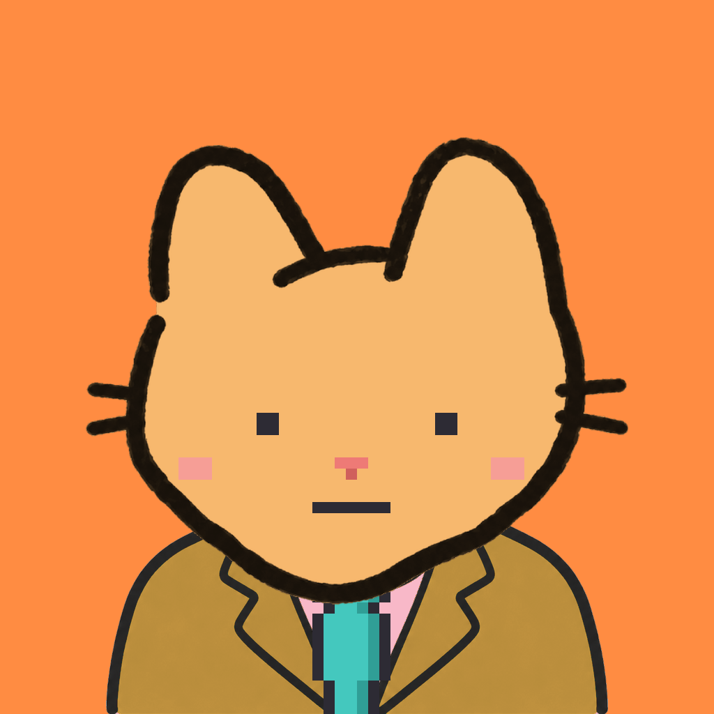Employee #3023 — a tabby cat, in a mustard suit, with a teal tie, on tangerine