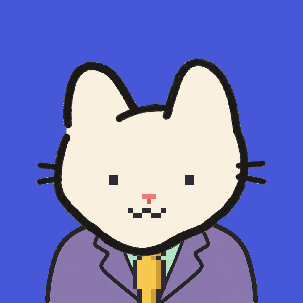 Employee #3024 — a cream cat, in a lavender suit, with a gold tie, on royal