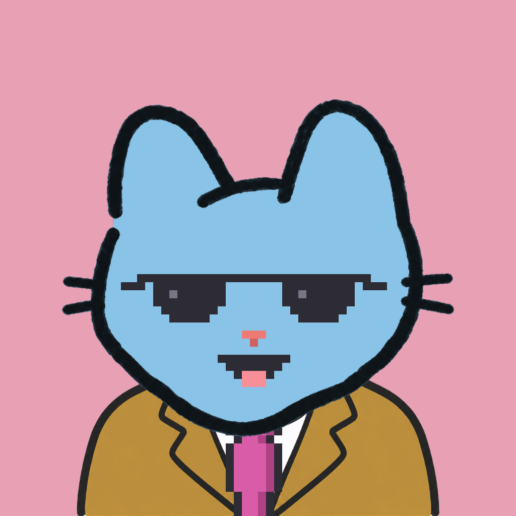 Employee #3025 — a sky cat, in a mustard suit, with a magenta tie, wearing shades glasses, on rose