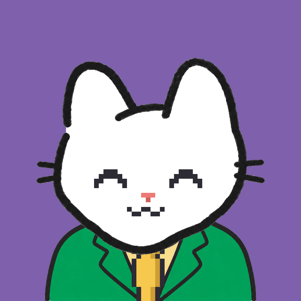 Employee #3026 — a white cat, in a green suit, with a gold tie, on plasma violet